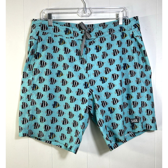 SAXX Betawave 2N1 DropTemp Cooling Liner Board Shorts Size 34 Blue Angel Fish - Picture 1 of 15